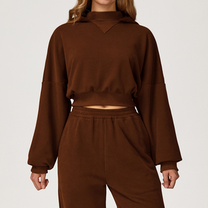 Sweat-shirt à capuche court en tricot marron pour femme, manches longues, coupe ample, vêtements de sport pour la course à pied et le fitness - Product Image 5
