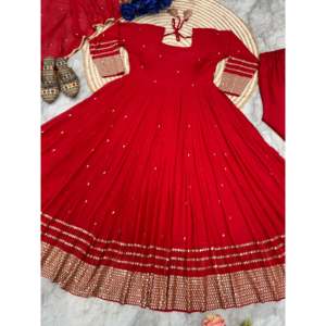 Vestido Anarkali y Pantalón Hechos a Mano con Dupatta, Silueta en A, Cintura Imperio, Tela de Organza para Fiestas - Product Image 3