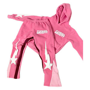 Custom Women <b>Pink</b> Cropped Hoodie Flare Pants <b>Tracksuit</b> Cotton Fleece Two Piece Streetwear Casual Fashion Apparel <b>Set</b> - Product Image 1