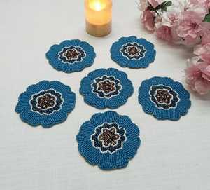 Handmade <b>blue</b> flower shape beaded <b>coasters</b> - Set of 6 - Product Image 3