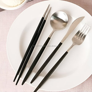 Classy Stainless Steel Silver and Black <b>Flatware</b> <b>Set</b> With Chopstick <b>Set</b> of 4 Wedding cutlery - Product Image 4