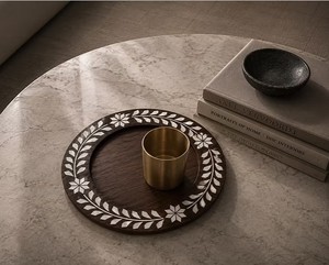 Tabla de servir de madera de acacia con nácar para Ramadán, tabla de cortar de madera de acacia en forma de arco, bandeja de comida para decoración islámica, venta al por mayor - Product Image 2