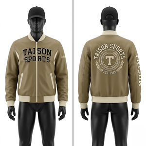 <b>Mens</b> Premium 420 GSM PU <b>Leather</b> <b>Jacket</b> Khaki Cream Contrast Panels Chenille Embroidery Custom Logo <b>men's</b> <b>Leather</b> <b>Jacket</b> - Product Image 1