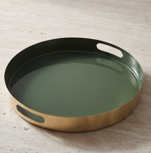 Plateau de service rond artisanal en émail vert avec finition or brossé et poignées découpées – Plateau décoratif pour table basse, boissons et collations - Product Image 5
