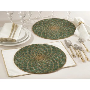 Set de table rond artisanal en perles d'ivoire, décoration de table de luxe pour mariages, fêtes et événements, set de table élégant à fleurs et perles. - Product Image 3