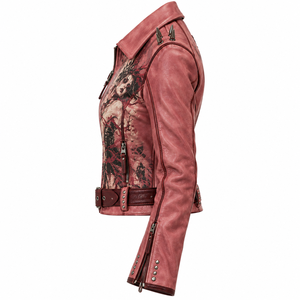 Chaqueta de cuero genuino para mujer, color rosa polvo, estilo motero, con cinturón y hombros con púas, estampado gráfico personalizado, proveedor OEM - Product Image 4