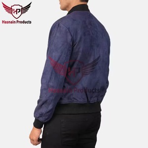 <b>Mens</b> Real <b>Suede</b> Leather Bomber <b>Jacket</b> Blue Ribbed Collar Zip Pockets Sheepskin Navy Casual Coat Custom Vintage Winter Outerwear - Product Image 4