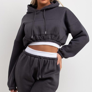 Women's Solid Cropped <b>Hoodie</b> Sweatshirt <b>Oversized</b> Drop-Shoulder Fleece Activewear <b>Lounge</b> Set Autumn Wear - Product Image 5