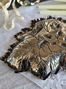 Silver Leaf Shape Embossed Metal <b>Tray</b> With Floral Design Decorative Serving Plate Suitable For <b>Snacks</b> Dry Fruits And Table Decor - Product Image 3