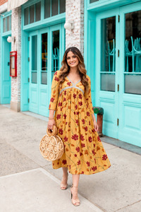 Floral Print V-Neck Midi <b>Dress</b> Three Quarter Sleeve Boho Style A-Line <b>Loose</b> Fit <b>Summer</b> Casual <b>Dress</b> - Product Image 1