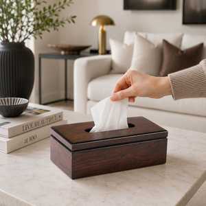 Boîte à mouchoirs en bois classique Ali Fashion Art, finition brun foncé, faite à la main, durable, étanche, rangement pratique pour le salon - Product Image 1