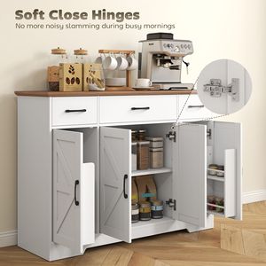 Buffet de style farmhouse avec charnières à fermeture douce, 3 tiroirs, étagères réglables et étagères à épices, blanc - Product Image 5
