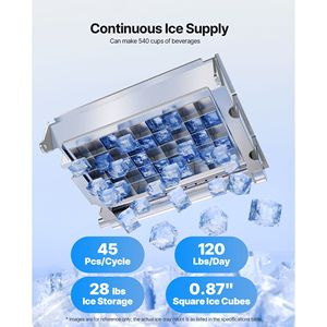 Macchina per il Ghiaccio Commerciale da Cucina in Acciaio Inossidabile, da Banco, 120 Libbre/24h, Capacità di Stoccaggio 28 Libbre, 45 Cubetti per Ciclo - Product Image 2
