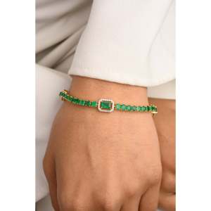 14K Art Deco Tennis Bracelet with Emerald Cut and Round Emerald Diamonds - Product Image 6