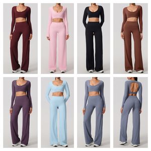 Conjuntos de Ropa Deportiva de Yoga Transpirable de Secado Rápido: Tops Cortos Sin Espalda de Manga Larga y Pantalones de Yoga Acampanados Color Durazno para Correr y Fitness - Product Image 6