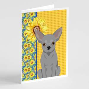 Summer Sunflowers Silver Chihuahua A7 Tarjetas de felicitación Pack 8 Whimsical 5x7 Size Tarjetas de nota en blanco con sobres - Product Image 1
