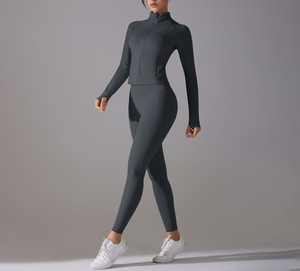 Women's Casual 2-Piece Sport Yoga Suit Set Breathable Quick Dry Knitted Spandex/Nylon Slim Fit Gym <b>Workout</b> <b>Jacket</b> Top & Leggings - Product Image 2