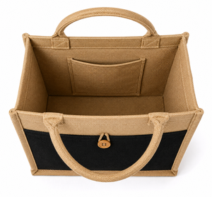 Jute Shopping <b>Bag</b> <b>Medium</b> <b>Size</b> Button Closure Hand Carry Daily Use Black Panel Design - Product Image 5