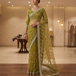 Sari en soie verte brodé pour femme, tenue de mariage traditionnelle, longueur au sol, coupe classique, style Inde Pakistan - Product Image 6