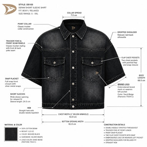 Chemise en jean graphite à manches courtes, noire délavée, style shacket trucker avec logo personnalisé, unisexe, vêtements Hypebeast, fournisseur en gros - Product Image 5