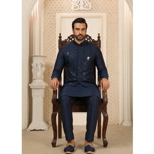 Navy Blue Nehru Jacket for Men Sequence Work with <b>Art</b> Silk Bottom Men's Outerwear Set - Product Image 4