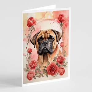 Bullmastiff Valentine Roses A7 Size <b>5x7</b> Blank Note Cards Whimsical Pack of 8 with <b>Envelopes</b> for Greetings and Notes - Product Image 1