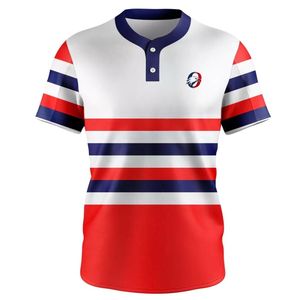 Maillot de baseball blanc et rouge avec accents bleu marine, manches courtes, motif rayé, idéal pour l'entraînement en équipe et les vêtements de sport - Product Image 1