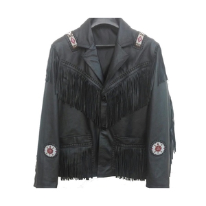 Veste en cuir véritable noire personnalisée en gros, style western, avec franges, perles et pompons, pour cowboy, rodéo et ranch - Product Image 1