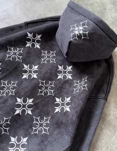 Pull à capuche surdimensionné pour homme, effet délavé, avec patch brodé 3D personnalisé, motif soleil délavé, en polaire matelassée, style vintage, vente en gros - Product Image 4