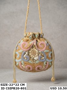 Handcrafted <b>Sequin</b> and Beaded Potli <b>Bag</b> Designer Drawstring Bucket Purse for Women Traditional Wedding Party Festive Handbag - Product Image 2