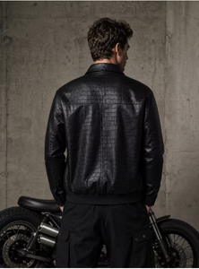 Men s PU Leather Jacket Crocodile <b>Pattern</b> Zipper Closure Turn-down Collar Regular Fit Moto Biker Style Autumn Wear Premium Croc - Product Image 2