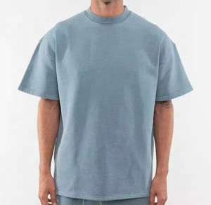 เสื้อยืดคอกลมแขนสั้นสีฟ้าอ่อนสำหรับผู้ชาย ทรงโอเวอร์ไซส์ สีพื้น ผ้าถัก 100% คอตตอน ย้อมสีธรรมดา รุ่น 2027 - Product Image 1