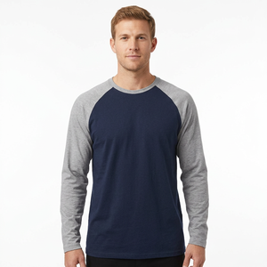 Camiseta de Hombre, Cuello Redondo, Manga Raglán, Color Sólido, Antiarrugas, Ribete en Contraste, Tejido de Punto Informal, 100% Algodón, Corte Regular - Product Image 4