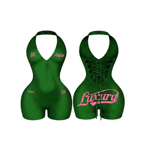Body de luxe pour femme vert à col licou sans manches, coupe ajustée, avec laçage frontal, imprimé logo rose, extensible, style débardeur cami, Printemps - Product Image 1