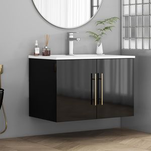Meuble-lavabo mural noir brillant de 30 pouces avec doubles portes à fermeture douce, crochets et longues poignées métalliques dorées pour une installation facile - Product Image 1