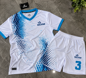 Ensemble maillot et short de football en polyester pour homme, blanc et bleu dégradé, sublimé, col en V, manches courtes, respirant, coupe athlétique, uniforme adulte - Product Image 6