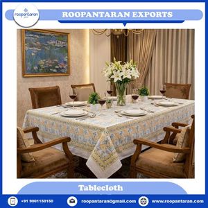 Newest Trending Printed Floral Linen Cotton <b>Tablecloth</b> <b>Square</b> Classic Style Washable Woven Home Use Yellow Blue Pattern For Sale - Product Image 2