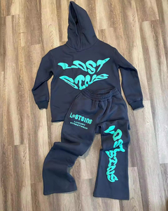 Ensemble survêtement Lost Status Orange pour adulte, style streetwear, à manches longues, en polaire respirante, avec logo vert imprimé, coupe ample - Product Image 5