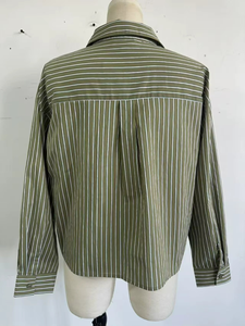 Blusa Holgada a Rayas de Manga Larga, Estilo Ejecutivo, Tela Popelina con Botones, Informal y para el Trabajo, Verde Oliva - Product Image 5