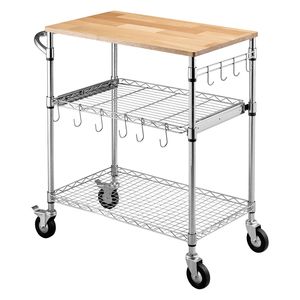 Carrello di Servizio Portatile a 3 Ripiani Regolabili in Filo Metallico Resistente con Piano in Legno e Maniglia, per Cucina e Utilità - Product Image 1