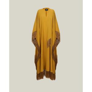 Cape Maxi Jaune Moutarde de Qualité Supérieure avec Bordure à Pompons, Col en V, Manches Longues, en Laine, Silhouette Droite, Idéale Toutes Saisons - Product Image 3