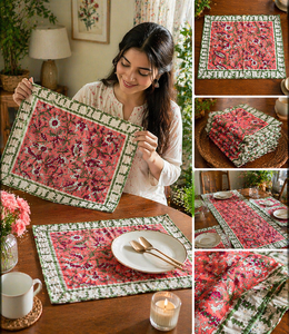 Juego de Manteles Individuales Rosados con Estampado Artesanal, Manteles Individuales Blancos de Algodón, Calidad de Exportación, Lavables, Decoración para Comedor, Juego de Obra Maestra Hecha a Mano - Product Image 1