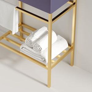 24 "อ่างน้ำในห้องน้ำสีม่วงมันวาว, อ่างล้างหน้าแบบตั้งคอนโซลแบบอิสระชั้นวางของโลหะเปิดขาชุดอ่างล้างจานสีทอง - Product Image 4