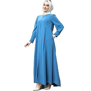 Dubai Plain Abaya Women Blue Color Stylish Turkish <b>Kaftan</b> Floor Length Zip Open Gown Girls Polyester Breathable Ladies Abayas - Product Image 1