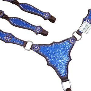 Western Leather Headstall Set with Royal <b>Blue</b> <b>Glitter</b> Big Chunk Sparkles and Bling Rhinestone Conchos - Product Image 2