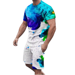 Men's Casual Short Sleeve T-<b>Shirt</b> And Shorts Set Digital Printed Colorful Ink Pattern Breathable <b>Polyester</b> Summer Wear - Product Image 1