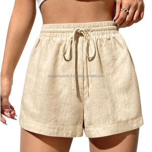 Pantalones cortos con cordón de lino y algodón de alta calidad para mujer, ropa informal transpirable de Color elegante, pantalones cortos tejidos con logotipo en la cintura - Product Image 6