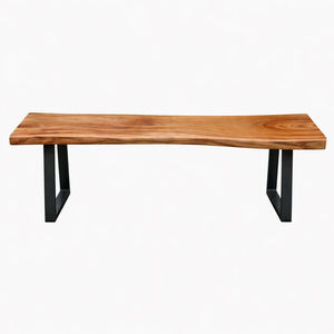 Banc en bois de Suar massif, éco-responsable, durable, avec bord naturel, design minimaliste, pieds en acier, pour salle à manger, café, hôtel, mobilier de resort - Product Image 1