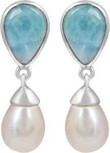 Nouvelles boucles d'oreilles pendantes en argent sterling S925 avec larimar et perle, serti clos, style classique, bijoux fins pour femme, à porter au quotidien - Product Image 4