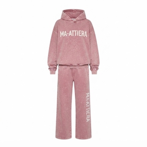 Ensemble survêtement femme en molleton de coton rose délavé, comprenant un sweat à capuche oversize et un pantalon de survêtement à jambes larges, avec ceinture brodée vintage personnalisée, OEM ODM - Product Image 4